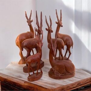 Six Vintage Kenyan Hand Carved Wood Impala / Antelope / Gazelle / Deer Figurines